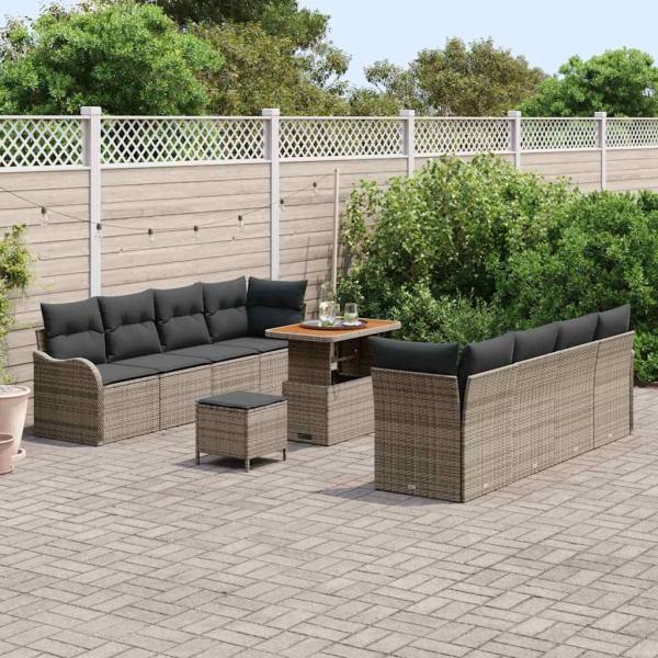 11-teiliges Garten Sofa Set mit Kissen Grau Poly Rattan Akazie, 2-Sitzer Garten Sofa mit Stauraum & Kissen Grau Poly Rattan, 3-teiliges Garten Essset mit Kissen Grau Poly Rattan Akazie