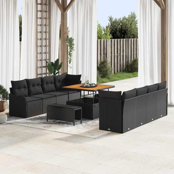 ARDEBO.de - 11-teiliges Garten-Sofa-Set mit Kissen - Schwarzes Poly-Rattan Akazie, 2-Sitzer Garten-Sofa mit Stauraum und Kissen - Schwarzes Poly-Rattan, 3-teiliges Garten-Esszimmer-Set mit Kissen - Schwarzes Poly-Rattan Akazie