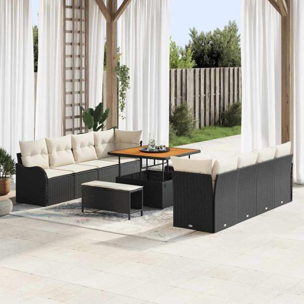 ARDEBO.de - 11-teiliges Garten Sofa Set mit Kissen Schwarz Poly Rattan Akazie, 2-Sitzer Garten Sofa mit Stauraum & Kissen Schwarz Poly Rattan, 3-teiliges Garten Essset mit Kissen Schwarz Poly Rattan Akazie