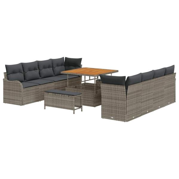 11-teiliges Garten-Sofa-Set mit Kissen in Grau aus Poly-Rattan Akazien, 2-Sitzer Garten-Sofa mit Stauraum & Kissen in Grau aus Poly-Rattan, 3-teiliges Garten-Dining-Set mit Kissen in Grau aus Poly-Rattan Akazien