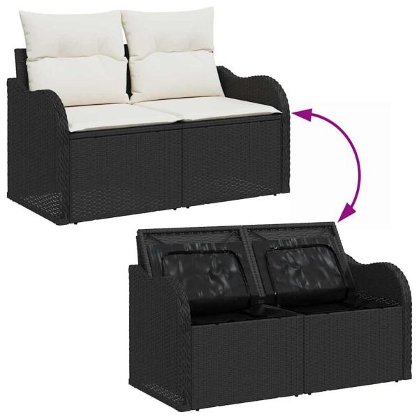 10-teiliges Garten Sofa Set mit Kissen Schwarz Poly Rattan Akazie, 2-Sitzer Garten Sofa mit Stauraum & Kissen Schwarz Poly Rattan, 3-teiliges Garten Esszimmer Set mit Kissen Schwarz Poly Rattan Akazie