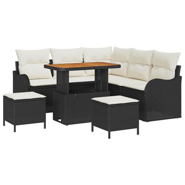 8-teiliges Garten-Sofa-Set mit Kissen Schwarz Poly-Rattan Akazie, 2-Sitzer Garten-Sofa mit Stauraum & Kissen Schwarz Poly-Rattan, 3-teiliges Garten-Ess-Set mit Kissen Schwarz Poly-Rattan Akazie