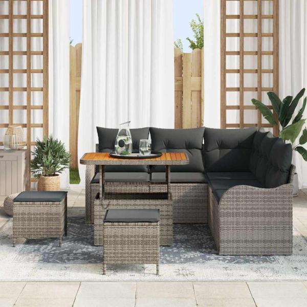 8-teiliges Garten Sofa Set mit Kissen Grau Poly Rattan Akazie, 2-Sitzer Garten Sofa mit Stauraum & Kissen Grau Poly Rattan, 3-teiliges Garten Essenset mit Kissen Grau Poly Rattan Akazie