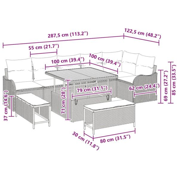 Garten-Sofa-Set mit Kissen 9 pcs Beige und Hellgrau