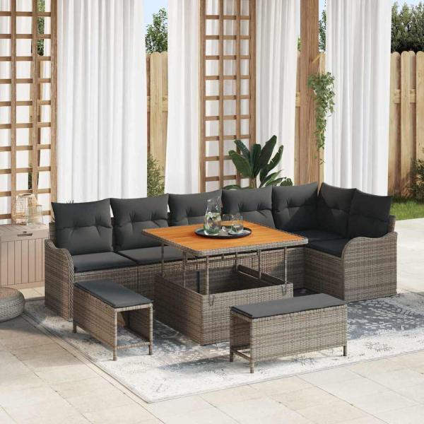 ARDEBO.de - 9-teiliges Garten Sofa Set mit Kissen Grau Poly Rattan Akazie, 2-Sitzer Garten Sofa mit Stauraum & Kissen Grau Poly Rattan, 3-teiliges Garten Essset mit Kissen Grau Poly Rattan Akazie