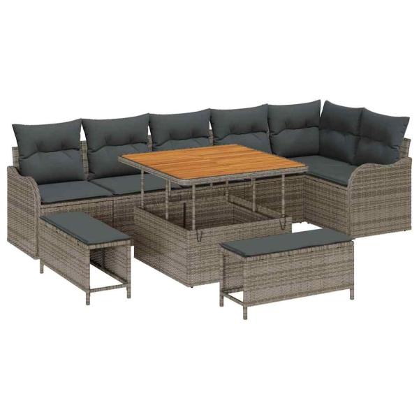 9-teiliges Garten Sofa Set mit Kissen Grau Poly Rattan Akazie, 2-Sitzer Garten Sofa mit Stauraum & Kissen Grau Poly Rattan, 3-teiliges Garten Essset mit Kissen Grau Poly Rattan Akazie