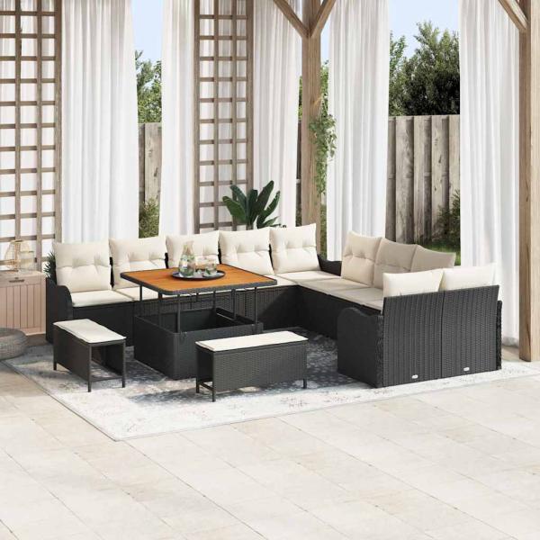 ARDEBO.de - 13-teiliges Garten-Sofa-Set mit Kissen Schwarz Poly-Rattan Akazie, 2-Sitzer Garten-Sofa mit Stauraum & Kissen Schwarz Poly-Rattan, 3-teiliges Garten-Dining-Set mit Kissen Schwarz Poly-Rattan Akazie