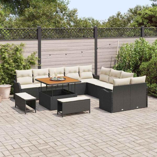 13-teiliges Garten-Sofa-Set mit Kissen Schwarz Poly-Rattan Akazie, 2-Sitzer Garten-Sofa mit Stauraum & Kissen Schwarz Poly-Rattan, 3-teiliges Garten-Dining-Set mit Kissen Schwarz Poly-Rattan Akazie