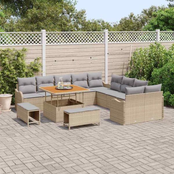 13-teiliges Garten Sofa Set mit Kissen Beige Poly Rattan Akazie, 2-Sitzer Garten Sofa mit Stauraum & Kissen Beige Poly Rattan, 3-teiliges Garten Essgruppe mit Kissen Beige Poly Rattan Akazie