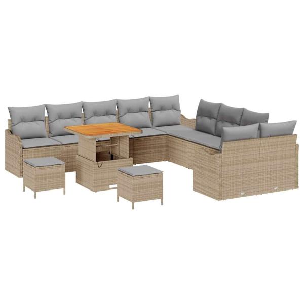 13-teiliges Garten Sofaset mit Kissen Beige Poly-Rattan Akazie, 2-Sitzer Garten Sofa mit Stauraum & Kissen Beige Poly-Rattan, 3-teiliges Garten Essset mit Kissen Beige Poly-Rattan Akazie