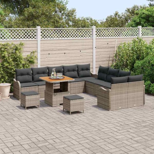 13-teiliges Garten Sofa Set mit Kissen Grau Poly Rattan Akazie, 2-Sitzer Garten Sofa mit Stauraum & Kissen Grau Poly Rattan, 3-teiliges Garten Esstisch Set mit Kissen Grau Poly Rattan Akazie