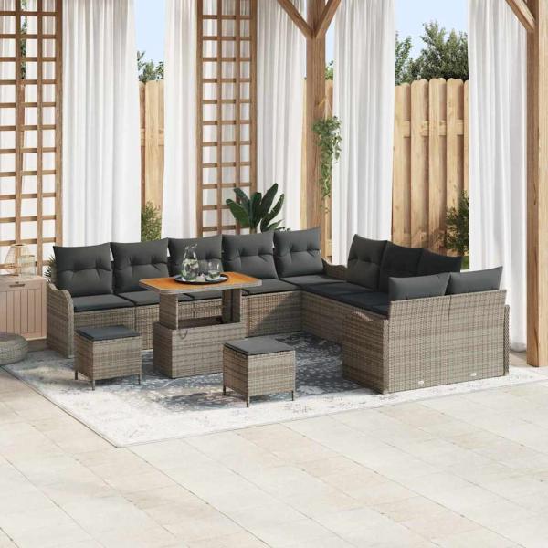 ARDEBO.de - 13-teiliges Garten Sofa Set mit Kissen Grau Poly Rattan Akazie, 2-Sitzer Garten Sofa mit Stauraum & Kissen Grau Poly Rattan, 3-teiliges Garten Ess-Set mit Kissen Grau Poly Rattan Akazie