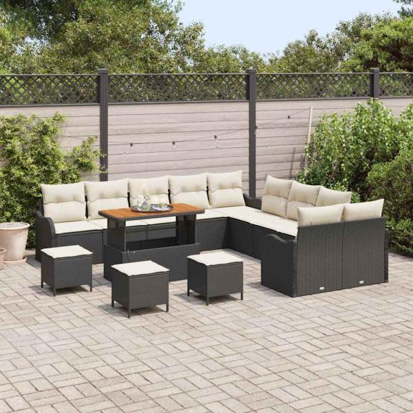 14-teiliges Garten-Sofa-Set mit Kissen aus schwarzem Poly-Rattan und Akazie, 2-Sitzer-Garten-Sofa mit Stauraum & Kissen aus schwarzem Poly-Rattan, 4-teiliges Garten-Ess-Set mit Kissen aus schwarzem Poly-Rattan und Akazie