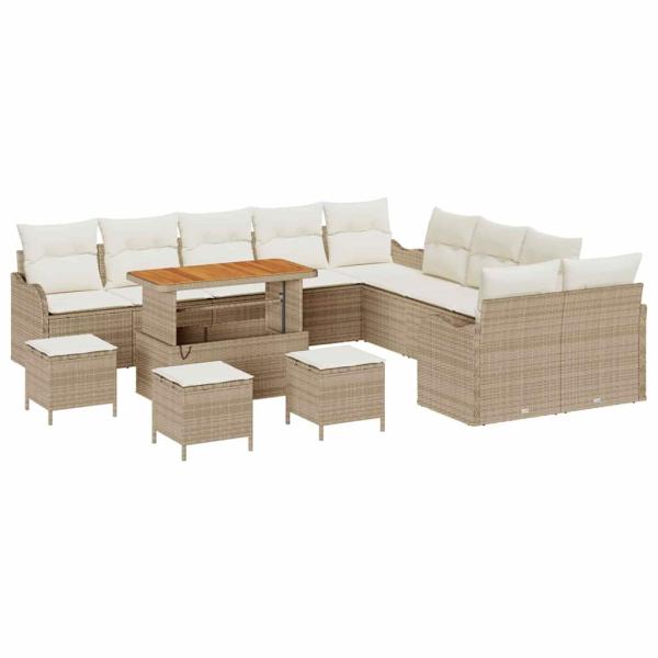 14-teiliges Garten Sofa Set mit Kissen Beige Poly Rattan Akazie, 2-Sitzer Garten Sofa mit Stauraum & Kissen Beige Poly Rattan, 4-teiliges Garten Esszimmer Set mit Kissen Beige Poly Rattan Akazie