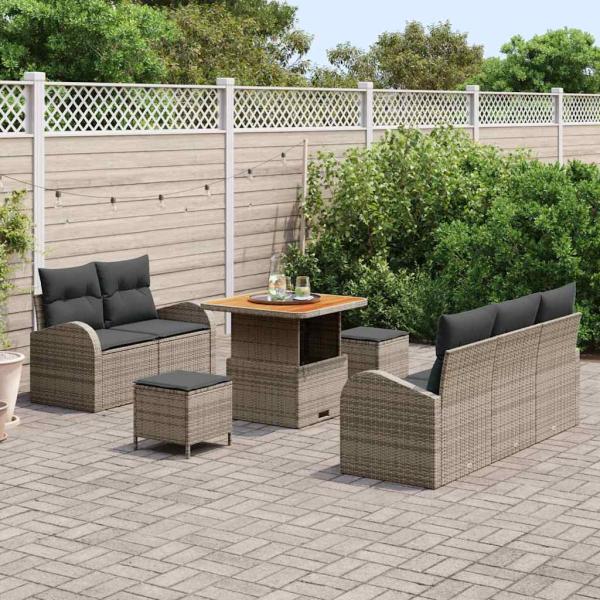 8-teiliges Garten Sofa Set mit Kissen Grau Poly Rattan Akazie, 2-Sitzer Garten Sofa mit Stauraum & Kissen Grau Poly Rattan, 3-teiliges Garten Essgruppe mit Kissen Grau Poly Rattan Akazie