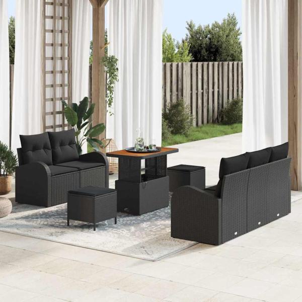 ARDEBO.de - 8-teiliges Garten Sofa Set mit Kissen Schwarz Poly Rattan Akazie, 2-Sitzer Garten Sofa mit Stauraum & Kissen Schwarz Poly Rattan, 3-teiliges Garten Essset mit Kissen Schwarz Poly Rattan Akazie
