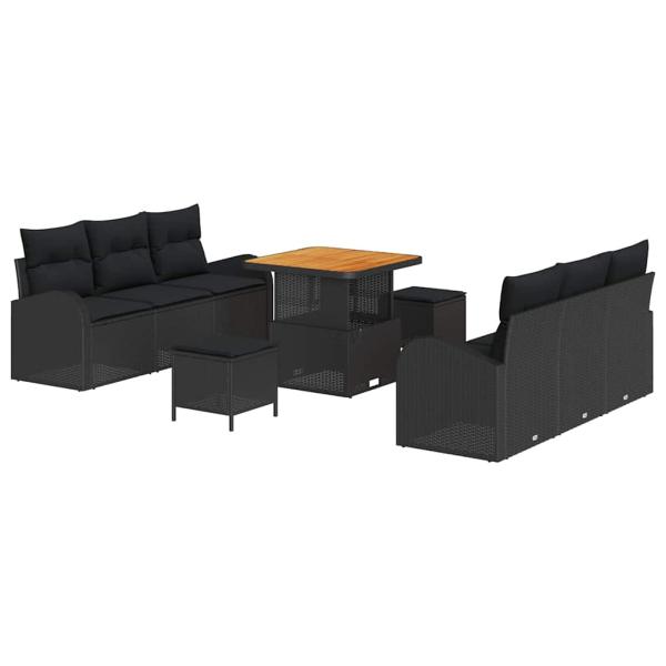9-teiliges Garten Sofa Set mit Kissen Schwarz Poly-Rattan Akazie, 2-Sitzer Garten Sofa mit Stauraum & Kissen Schwarz Poly-Rattan, 3-teiliges Garten Essset mit Kissen Schwarz Poly-Rattan Akazie