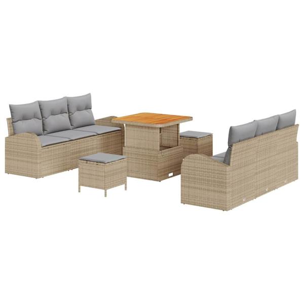 9-teiliges Garten Sofa Set mit Kissen Beige Poly Rattan Akazie, 2-Sitzer Garten Sofa mit Stauraum & Kissen Beige Poly Rattan, 3-teiliges Garten Esstisch Set mit Kissen Beige Poly Rattan Akazie