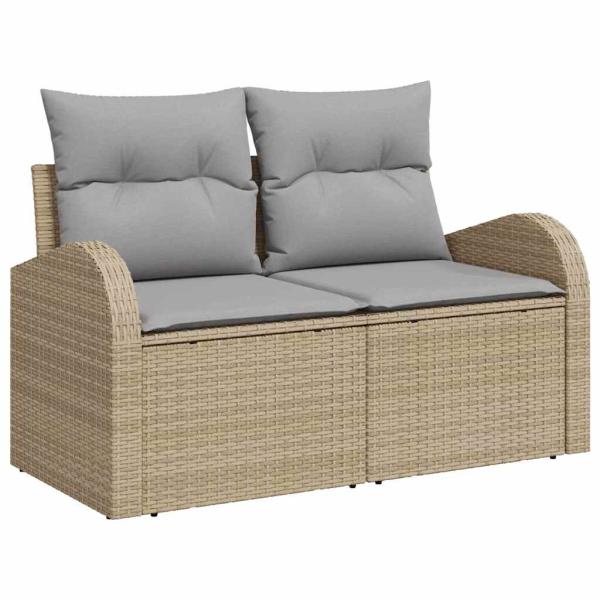 9-teiliges Garten Sofa Set mit Kissen Beige Poly Rattan Akazie, 2-Sitzer Garten Sofa mit Stauraum & Kissen Beige Poly Rattan, 3-teiliges Garten Esstisch Set mit Kissen Beige Poly Rattan Akazie