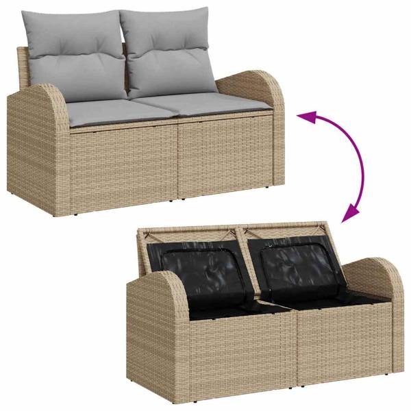 9-teiliges Garten Sofa Set mit Kissen Beige Poly Rattan Akazie, 2-Sitzer Garten Sofa mit Stauraum & Kissen Beige Poly Rattan, 3-teiliges Garten Esstisch Set mit Kissen Beige Poly Rattan Akazie