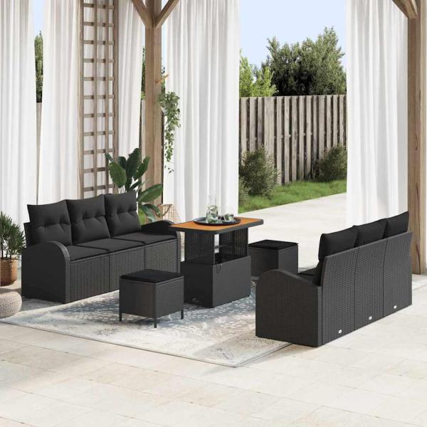 ARDEBO.de - 9-teiliges Garten-Sofa-Set mit Kissen Schwarzes Poly-Rattan Akazie, 2-Sitzer Garten-Sofa mit Stauraum & Kissen Schwarzes Poly-Rattan, 3-teiliges Garten-Ess-Set mit Kissen Schwarzes Poly-Rattan Akazie