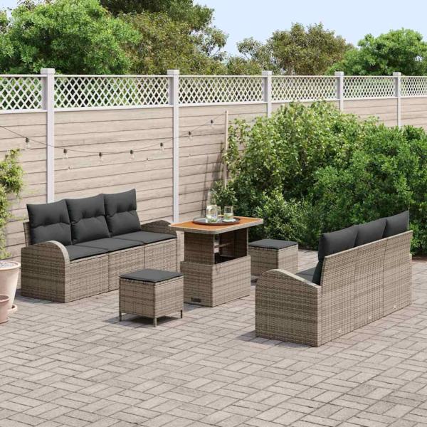 9-teiliges Garten Sofa Set mit Kissen Grau Poly Rattan Akazie, 2-Sitzer Garten Sofa mit Stauraum & Kissen Grau Poly Rattan, 3-teiliges Garten Essset mit Kissen Grau Poly Rattan Akazie