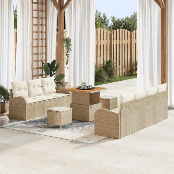 ARDEBO.de - 10-teiliges Garten-Sofa-Set mit Kissen in beigem Poly-Rattan, 2-Sitzer Garten-Sofa mit Stauraum und Kissen in beigem Poly-Rattan, 3-teiliges Garten-Dining-Set mit Kissen in beigem Poly-Rattan