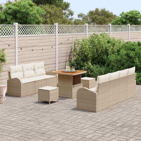 10-teiliges Garten-Sofa-Set mit Kissen in beigem Poly-Rattan, 2-Sitzer Garten-Sofa mit Stauraum und Kissen in beigem Poly-Rattan, 3-teiliges Garten-Dining-Set mit Kissen in beigem Poly-Rattan