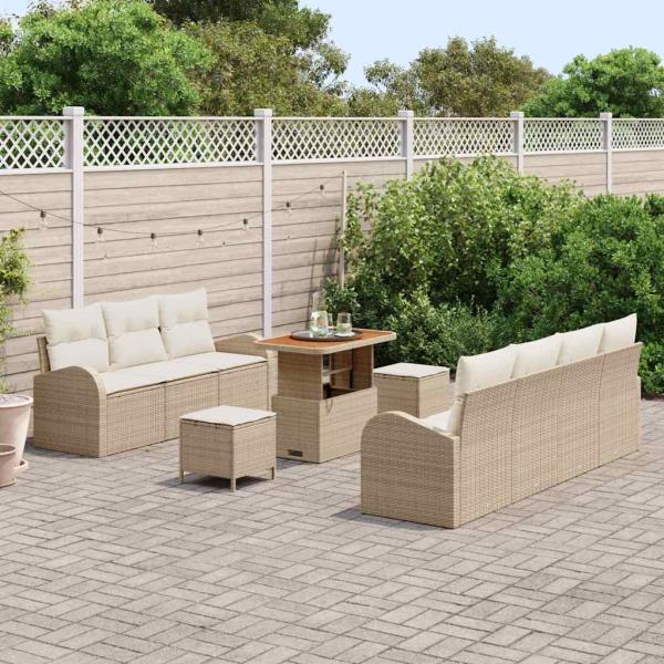 10-teiliges Garten Sofa Set mit Kissen Beige Poly Rattan Akazie, 2-Sitzer Garten Sofa mit Stauraum & Kissen Beige Poly Rattan, 3-teiliges Garten Essset mit Kissen Beige Poly Rattan Akazie