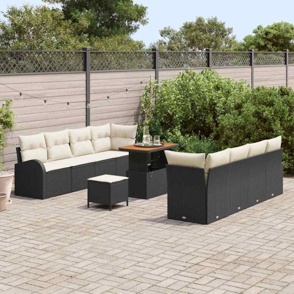 11-teiliges Garten-Sofa-Set mit Kissen Schwarzes Poly-Rattan Akazie, 2-Sitzer Garten-Sofa mit Stauraum & Kissen Schwarzes Poly-Rattan, 3-teiliges Garten-Ess-Set mit Kissen Schwarzes Poly-Rattan Akazie