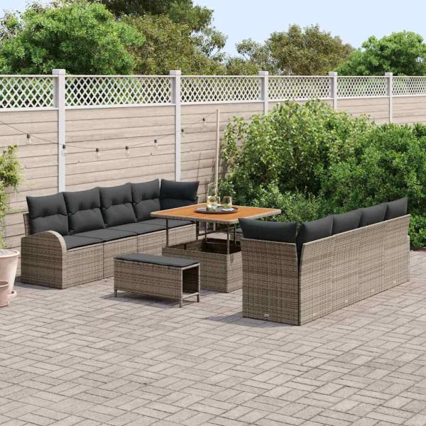 11-teiliges Garten Sofa Set mit Kissen Grau Poly Rattan Akazie, 2-Sitzer Garten Sofa mit Stauraum & Kissen Grau Poly Rattan, 3-teiliges Garten Essset mit Kissen Grau Poly Rattan Akazie