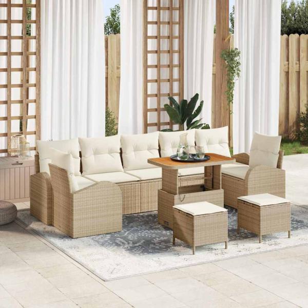ARDEBO.de - 10-teiliges Garten Sofaset mit Kissen Beige Poly Rattan Akazie, 2-Sitzer Garten Sofa mit Stauraum & Kissen Beige Poly Rattan, 3-teiliges Garten Essset mit Kissen Beige Poly Rattan Akazie