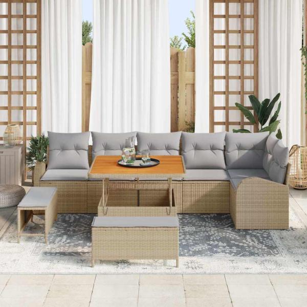 9-teiliges Garten Sofa Set mit Kissen Beige Poly Rattan Akazie, 2-Sitzer Garten Sofa mit Stauraum & Kissen Beige Poly Rattan, 3-teiliges Garten Essenset mit Kissen Beige Poly Rattan Akazie