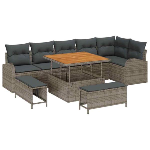 ARDEBO.de - 9-teiliges Garten Sofa Set mit Kissen Grau Poly Rattan Akazie, 2-Sitzer Garten Sofa mit Stauraum & Kissen Grau Poly Rattan, 3-teiliges Garten Essset mit Kissen Grau Poly Rattan Akazie