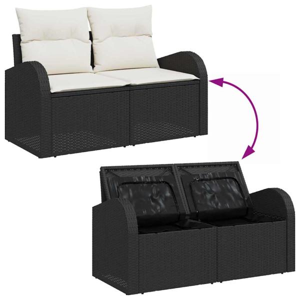 9-teiliges Garten-Sofaset mit Kissen, Schwarz, Poly-Rattan, Akazie, 2-Sitzer Garten-Sofa mit Stauraum und Kissen, Schwarz, Poly-Rattan, 3-teiliges Garten-Dining-Set mit Kissen, Schwarz, Poly-Rattan, Akazie