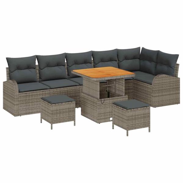 9-teiliges Garten Sofa Set mit Kissen Grau Poly Rattan Akazie, 2-Sitzer Garten Sofa mit Stauraum und Kissen Grau Poly Rattan, 3-teiliges Garten Esstisch Set mit Kissen Grau Poly Rattan Akazie