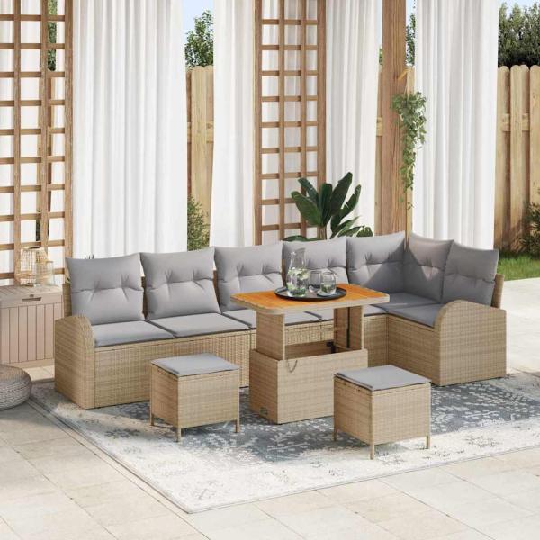 ARDEBO.de - 9-teiliges Garten Sofa Set mit Kissen Beige Poly Rattan Akazie, 2-Sitzer Garten Sofa mit Stauraum & Kissen Beige Poly Rattan, 3-teiliges Garten Essset mit Kissen Beige Poly Rattan Akazie