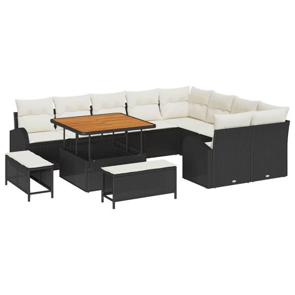 12-teiliges Garten Sofa Set mit Kissen Schwarz Poly Rattan, 2-Sitzer Garten Sofa mit Stauraum & Kissen Schwarz Poly Rattan, 3-teiliges Garten Essgruppe mit Kissen Schwarz Poly Rattan