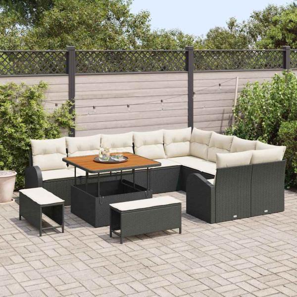 12-teiliges Garten Sofa Set mit Kissen Schwarz Poly Rattan, 2-Sitzer Garten Sofa mit Stauraum & Kissen Schwarz Poly Rattan, 3-teiliges Garten Essgruppe mit Kissen Schwarz Poly Rattan