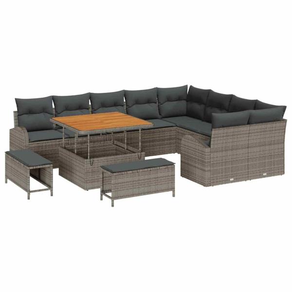 12-teiliges Garten-Sofa-Set mit Kissen grau Poly-Rattan Akazie, 2-Sitzer Garten-Sofa mit Stauraum & Kissen grau Poly-Rattan, 3-teiliges Garten-Dining-Set mit Kissen grau Poly-Rattan Akazie