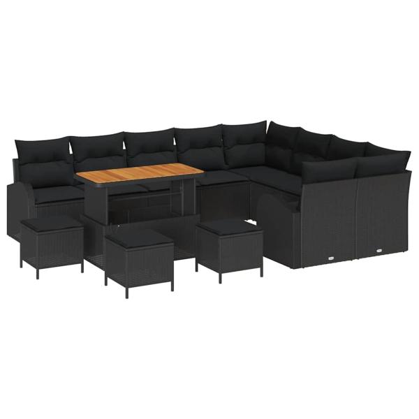 13-teiliges Garten-Sofaset mit Kissen Schwarz Poly-Rattan Akazie, 2-Sitzer Garten-Sofa mit Stauraum & Kissen Schwarz Poly-Rattan, 4-teiliges Garten-Ess-Set mit Kissen Schwarz Poly-Rattan Akazie