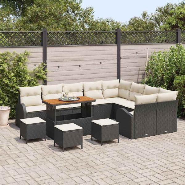 13-teiliges Garten-Sofaset mit Kissen, schwarzes Poly-Rattan, Akazie, 2-Sitzer Garten-Sofa mit Stauraum und Kissen, schwarzes Poly-Rattan, 4-teiliges Garten-Ess-Set mit Kissen, schwarzes Poly-Rattan, Akazie