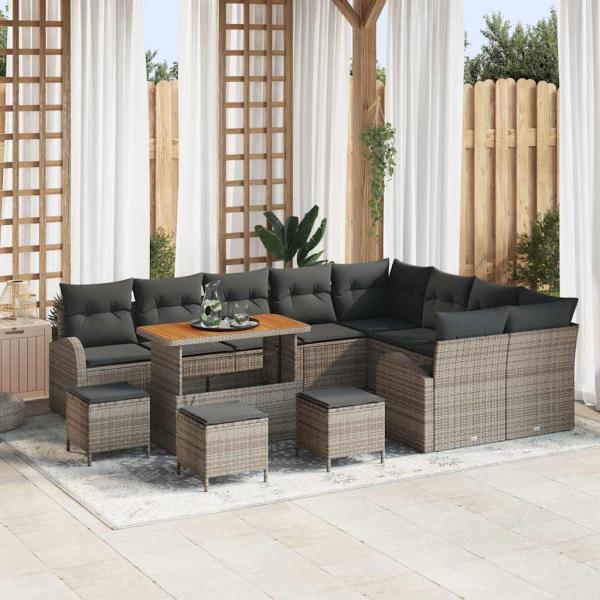 ARDEBO.de - 13-teiliges Garten Sofaset mit Polstern Grau Poly Rattan Akazie, 2-Sitzer Garten Sofa mit Stauraum & Polstern Grau Poly Rattan, 4-teiliges Garten Essset mit Polstern Grau Poly Rattan Akazie