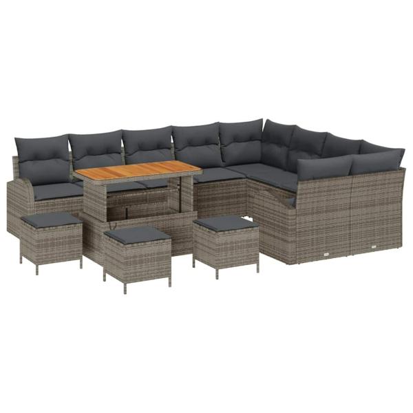 13-teiliges Garten Sofaset mit Polstern Grau Poly Rattan Akazie, 2-Sitzer Garten Sofa mit Stauraum & Polstern Grau Poly Rattan, 4-teiliges Garten Essset mit Polstern Grau Poly Rattan Akazie