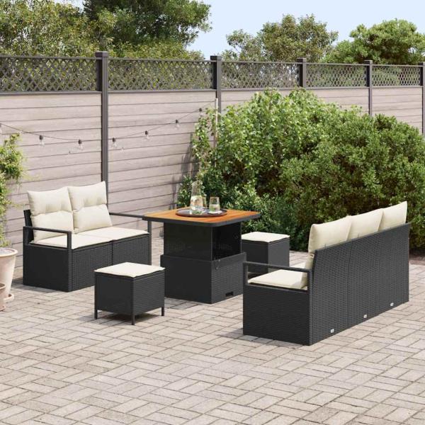 ARDEBO.de - 8-teiliges Garten Sofa Set mit Kissen Schwarz Poly Rattan Akazie, 2-Sitzer Garten Sofa mit Stauraum & Kissen Schwarz Poly Rattan, 3-teiliges Garten Essset mit Kissen Schwarz Poly Rattan Akazie