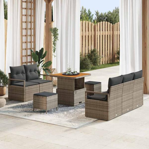 ARDEBO.de - 8-teiliges Garten Sofa Set mit Kissen Grau Poly Rattan Akazie, 2-Sitzer Garten Sofa mit Stauraum & Kissen Grau Poly Rattan, 3-teiliges Garten Essset mit Kissen Grau Poly Rattan Akazie