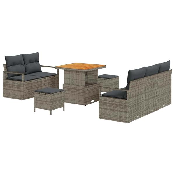 8-teiliges Garten Sofa Set mit Kissen Grau Poly Rattan Akazie, 2-Sitzer Garten Sofa mit Stauraum & Kissen Grau Poly Rattan, 3-teiliges Garten Essset mit Kissen Grau Poly Rattan Akazie