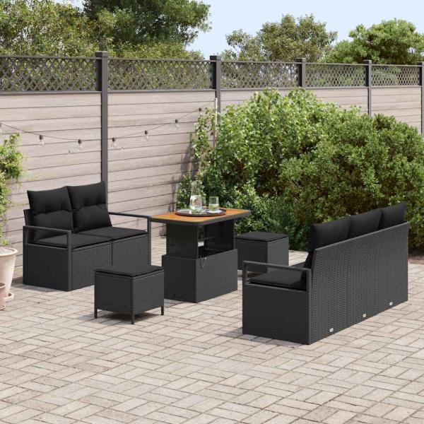 8-teiliges Garten Sofa Set mit Kissen Schwarz Poly Rattan Akazie, 2-Sitzer Garten Sofa mit Stauraum & Kissen Schwarz Poly Rattan, 3-teiliges Garten Essenset mit Kissen Schwarz Poly Rattan Akazie