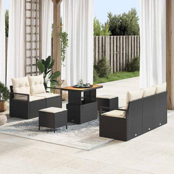 ARDEBO.de - 8-teiliges Garten Sofa Set mit Kissen Schwarz Poly-Rattan Akazie, 2-Sitzer Garten Sofa mit Stauraum & Kissen Schwarz Poly-Rattan, 3-teiliges Garten Esstisch Set mit Kissen Schwarz Poly-Rattan Akazie