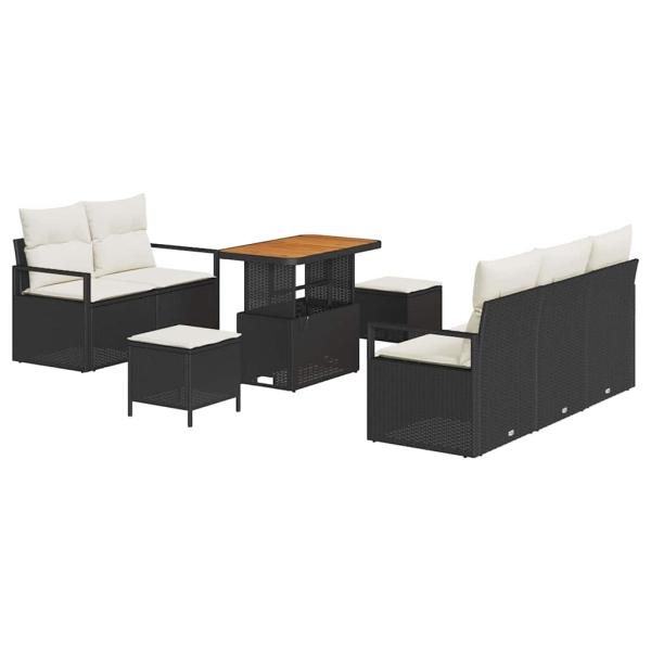 8-teiliges Garten Sofa Set mit Kissen Schwarz Poly-Rattan Akazie, 2-Sitzer Garten Sofa mit Stauraum & Kissen Schwarz Poly-Rattan, 3-teiliges Garten Esstisch Set mit Kissen Schwarz Poly-Rattan Akazie
